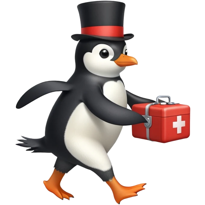 side view of a doctor penguin running with a top hat holding a first aid medical box with a red cross emoji