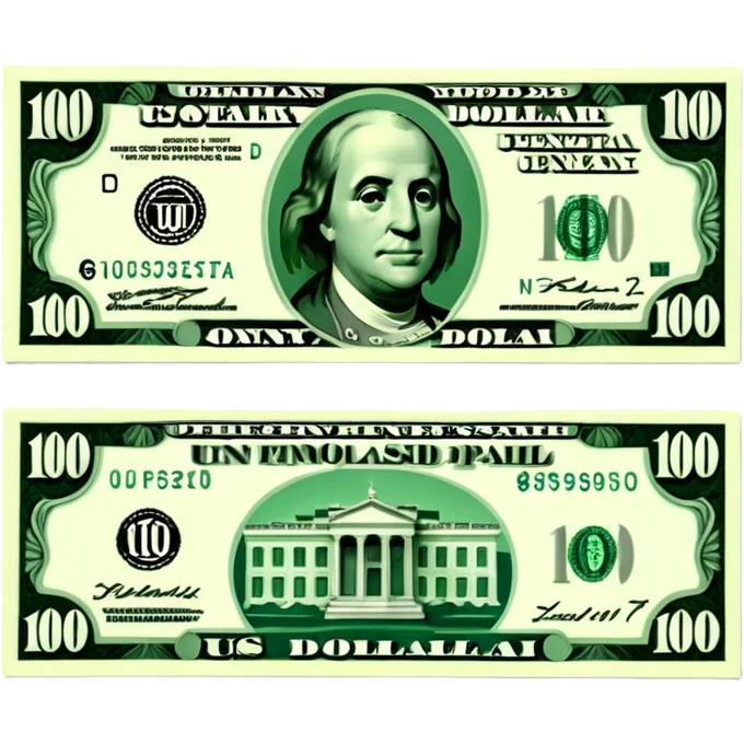 3D realistic US 100 dollar bill sticker, slight perspective, centered, clean cutout, transparent background, no text, no watermark emoji