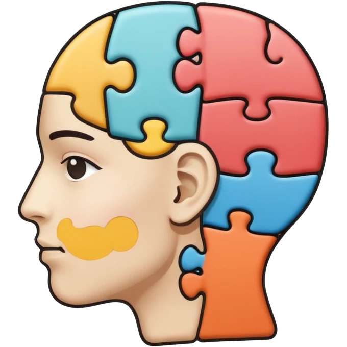 Minimalistic flat vector icon, iOS style, thin black contour on white background. Human head profile with a brain inside, split into puzzle pieces. No text, no shadows. emoji