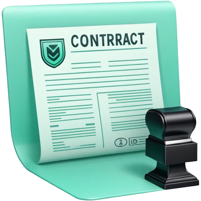 Commande Publique (Public Procurement), 3D techy icon with black and mint green (#B5F4D3) color scheme, contract document with official stamp emoji
