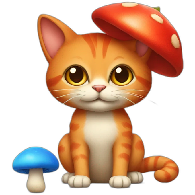 a red cat with a blue nose and a mushroom cap emoji