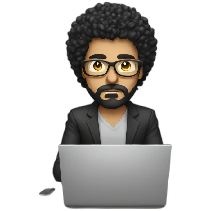 angry men with black curly hair and beard with golden glasses working on computer emoji