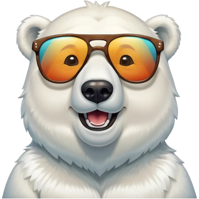 laughing polar bear headshot wearing a t-shirt and large multicolored extravagant glasses emoji