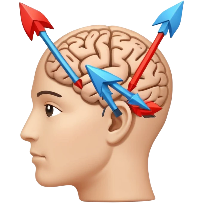 Minimalistic flat vector icon, iOS style, thin black contour on white background. Human head with brain and arrows showing thought change. No text, no shadows. emoji