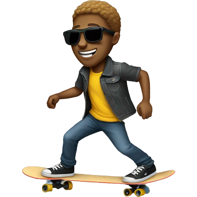 Trey riding a skateboard with sunglasses on emoji