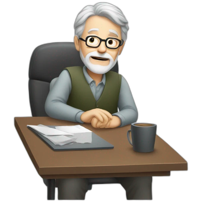 old man with grey hair and beard and glasses sitting at a desktop working emoji