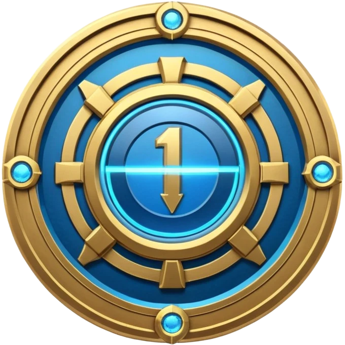 Futuristic anniversary medal badge, circular emblem with embossed Roman numeral I, metallic gold finish with electric blue glow accents, subtle outer energy ring, sci-fi web3 game UI style, polished 3D game asset, dark background, centered composition, high detail emoji