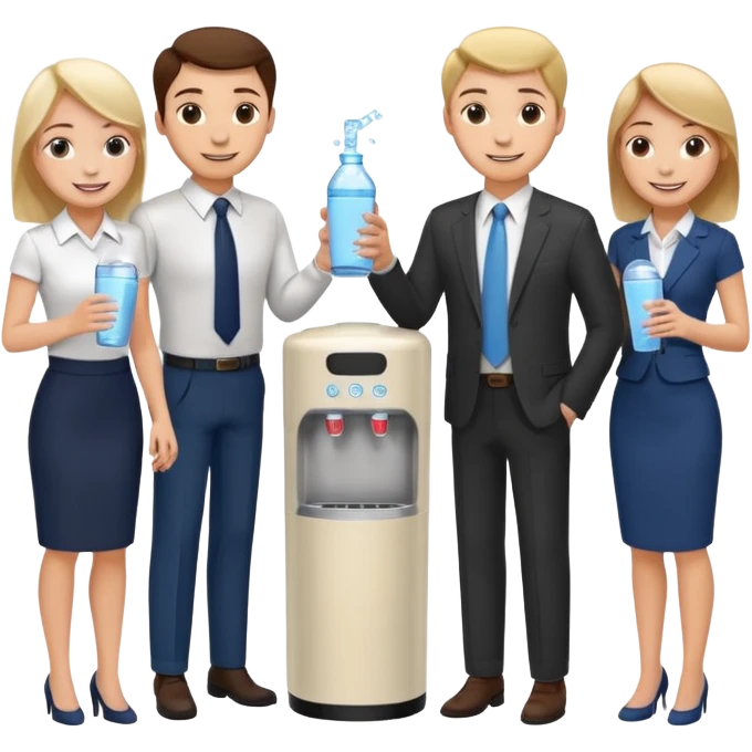 a group of employees gathered around a water cooler, smiling and chatting emoji
