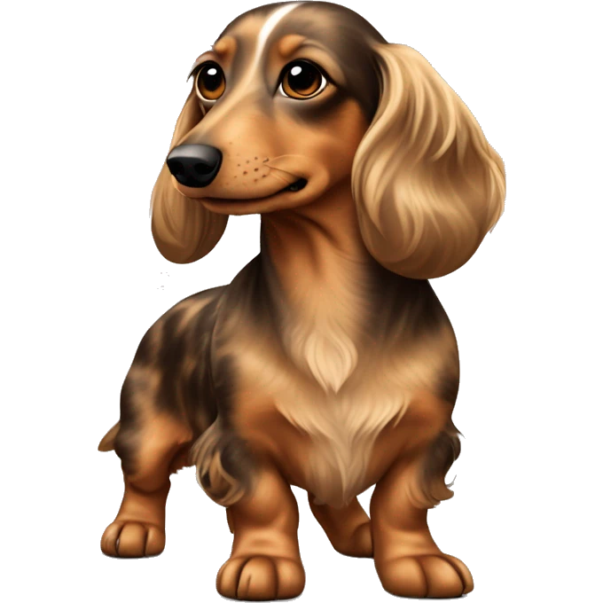 Fullbody Longhair cream shaded piepald dachshund with brown spots on the back emoji