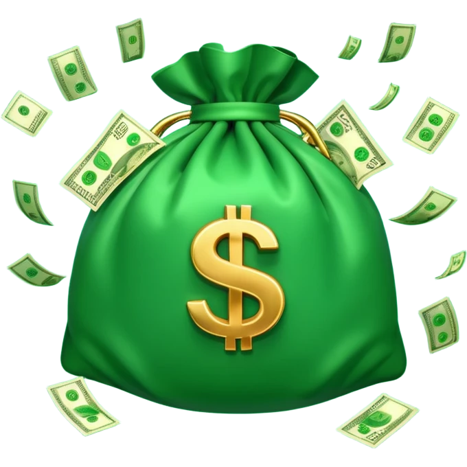 

3D emoji style, big bag of money, flying dollar bills, rich casino vibe, smooth lighting, high detail, clean edges, transparent background



 emoji