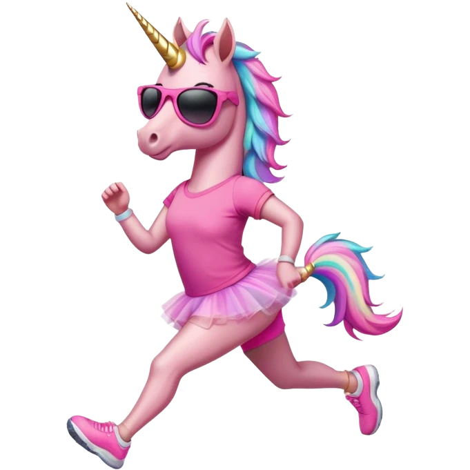 friendly anthropomorphised female unicorn with horse-like face, in tutu and pink t-shirt, wearing dark sunglasses, jogging upright in relaxed pose emoji