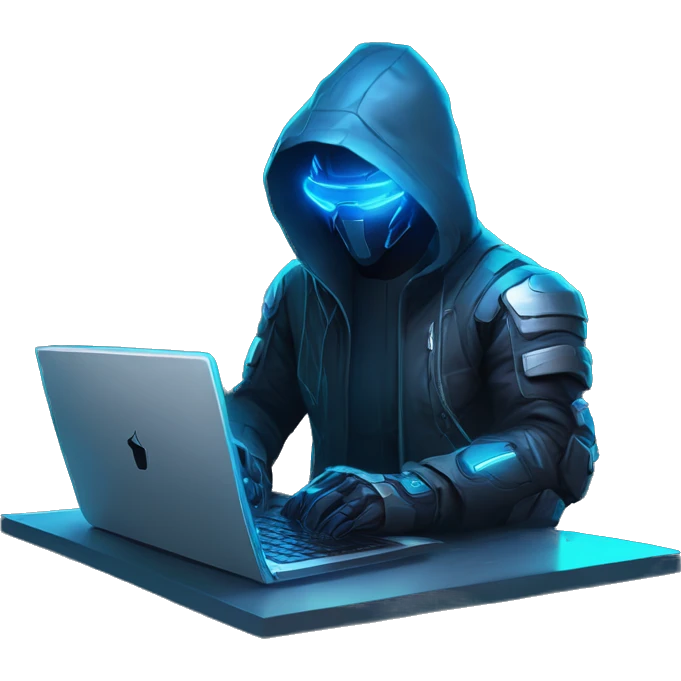 developer behind his laptop with this style : crysis Cyberpunk Riot Games Valorant neon glowing bright blue character blue black hooded assassin themed character emoji