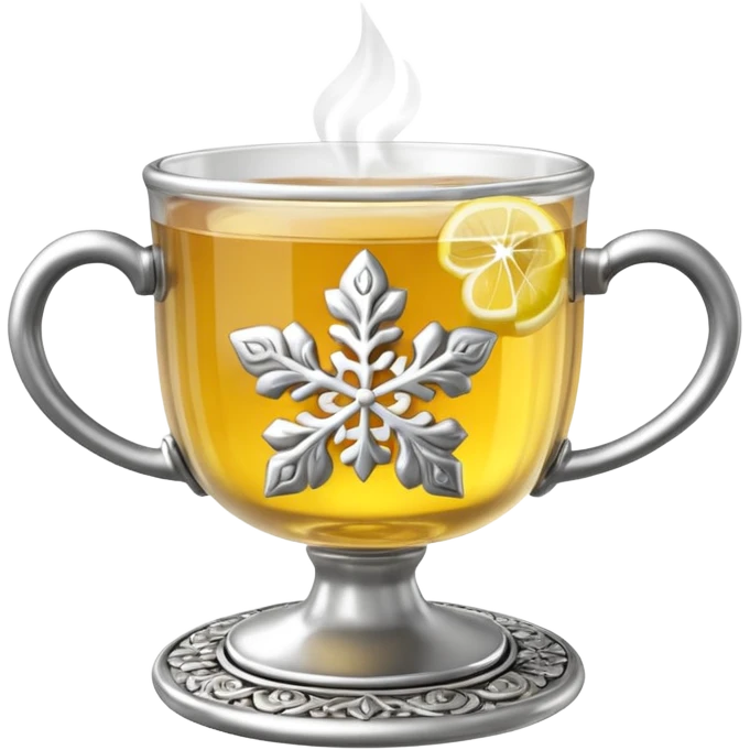 3D emoji of a traditional
Russian tea glass in an ornate silver metal holder (podstakannik). Hot tea with a lemon slice, visible steam forming a small snowflake shape. High-end glossy 3D
 emoji