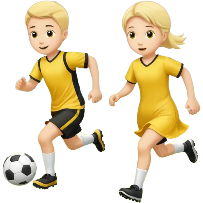 kids play soocer in yellow dress, boys emoji