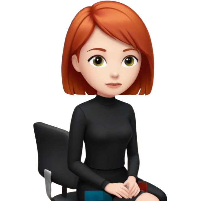 “Video call therapy session: red-haired therapist with short hair wearing black minimalist clothing, seated in a professional home office, looking at the webcam; client with long hair wearing all-black outfit visible on screen; calm, modern teletherapy setting emoji