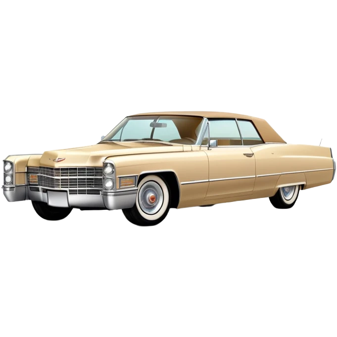 Elegant beige 1966 Cadillac DeVille with sharp details, consistent 30-degree perspective showing front and side, vintage luxury car styling, from Tarantino's Once Upon a Hollywood, iOS emoji style emoji