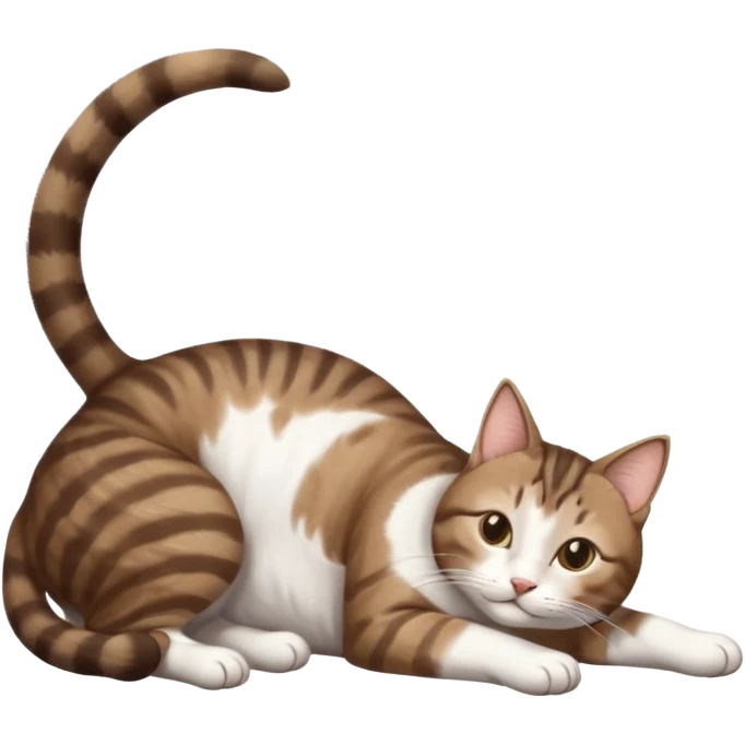 dark brown tabby and white cat with doing a big extremely long stretch reaching up into the air with arms and legs side by side together straight and overextended whilst lying on its side emoji