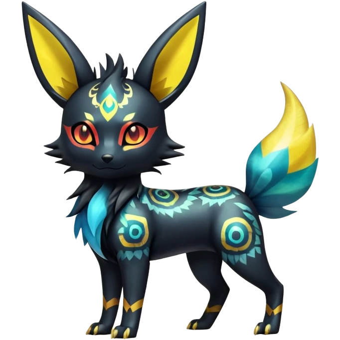 Shiny Exotic Badass Colorful Ethereal Royal Mysterious Gothic Umbreon-Jolteon-Litten-Noibat-Pokémon-Fakémon-hybrid-creature (full body) with pattern-markings emoji