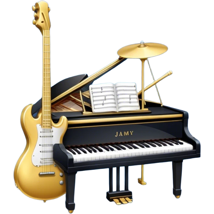 Create an elegant and artistic emoji that represents music arrangement and orchestration. The design should feature musical notes, a set of piano keys, a drum set, and an electric guitar to symbolize the diverse elements of orchestration and arrangement. Include a conductor's baton to emphasize the role of a conductor in bringing all the instruments together. Use a mix of rich colors like gold, silver, and deep blue for sophistication, and add flowing lines to represent the harmony between different instruments. The background should be transparent. emoji