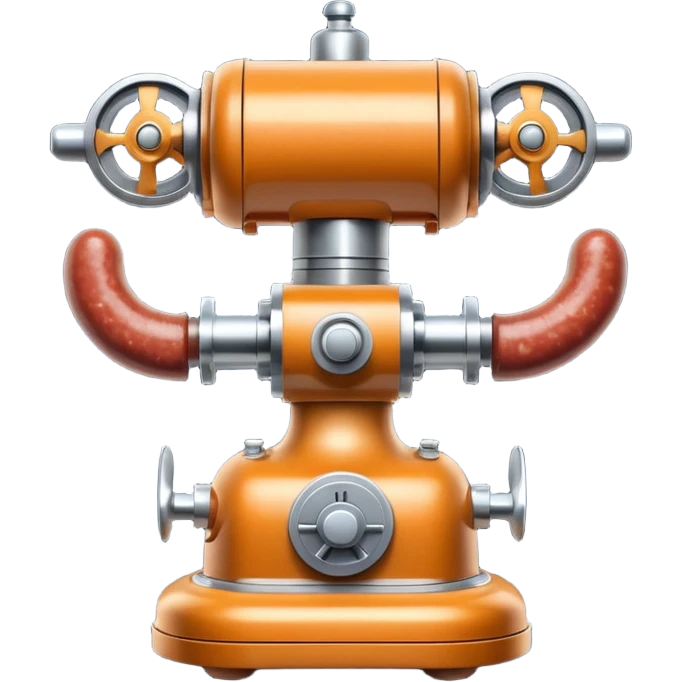sausage-processing droid. retro-futuristic style. top is a circular industrial meat grinder with rotating gears and blades. Two robotic arms feed material into grinder. Sausage links extrude from the rear like  factory. The body is metallic, compact, and floats above the ground.no legs. Dark humor emoji