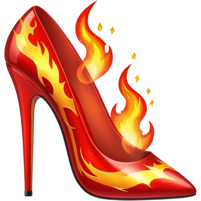fire red stiletto with shiny finish, large flames, and sparkles emoji
