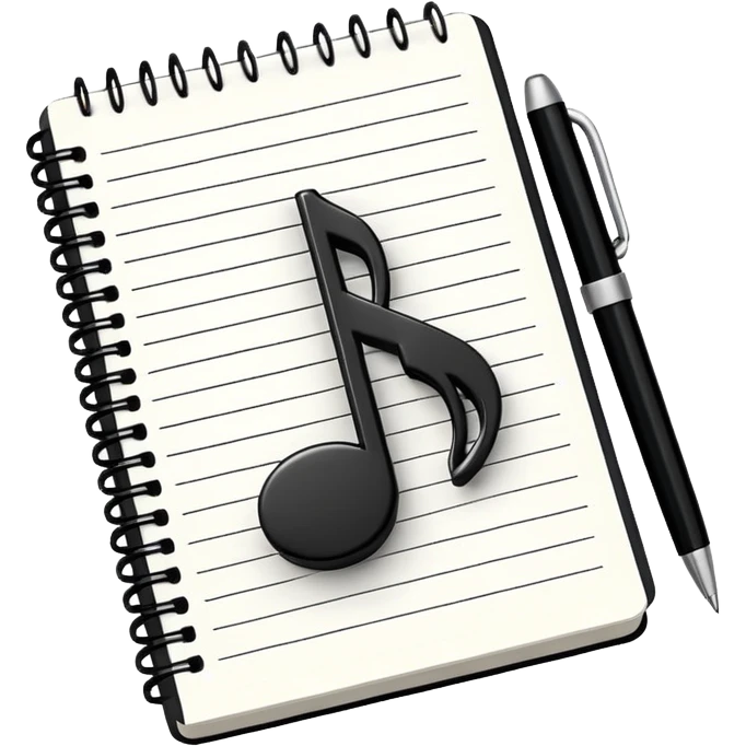 Minimalistic flat vector icon, iOS style, thin black contour on white background. Small notebook with a musical note on the cover, a pen placed next to it. Clean, modern, no text, no shadows. emoji