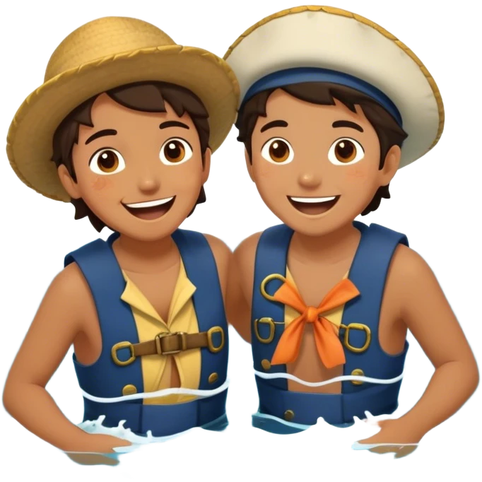 Two friends, dressed as seafaring explorers, splash each other in the ocean, laughing as their eyes lock in pure joy and appreciation. The sun glistens on the water, highlighting their deep connection and the simple happiness of the moment.  emoji