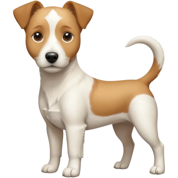 a full body facing front on of a buff white beagle cross jack russell terrier looking dog the size of a kelpie with light brown long ears resting on its face and a light brown patch above one eye and a large snout. the rest of the dog is completely white.  emoji