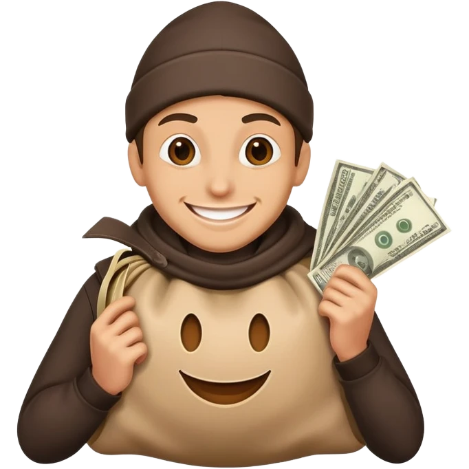 happy thief with a money bag and a big smile emoji