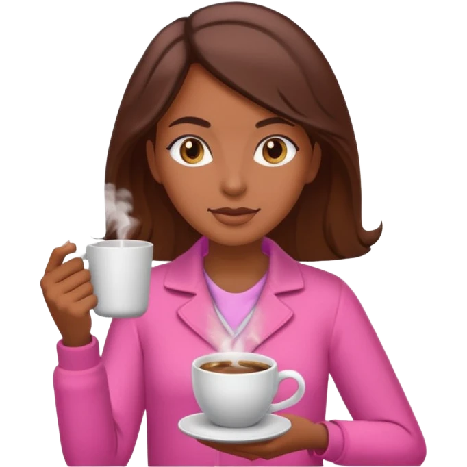 Mulher morena tomando café  com roupa rosa esfriando o café  emoji