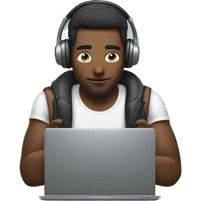 man in headphones talking hold laptop and phone only upper part of body  emoji