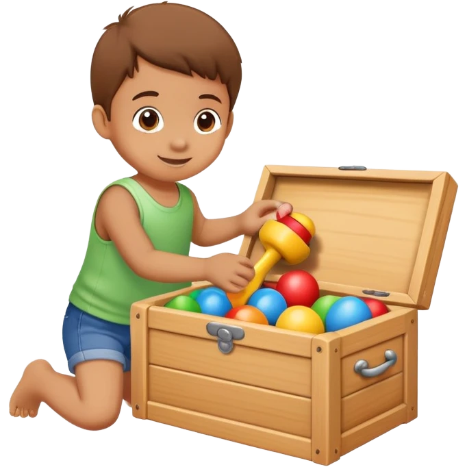child putting toys back into a toy box, cheerful and responsible emoji