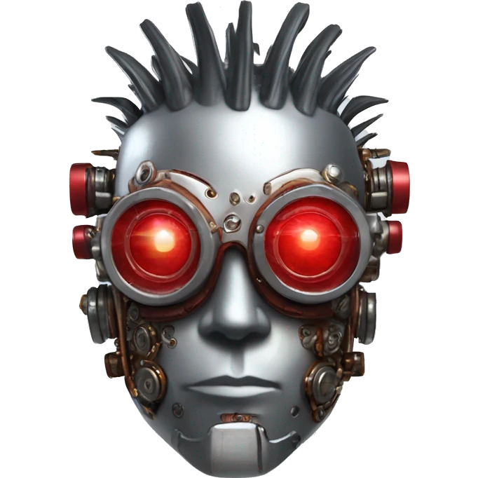 Silver mohawk cyborg head with red steampunk goggles, goatee and circuits emoji