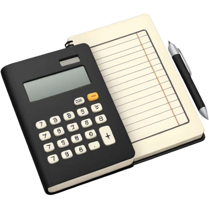 Minimalistic flat vector icon, iOS style, thin black contour on white background. Small black notebook with visible binding, placed next to a calculator. Clean, modern, no text, no shadows. emoji