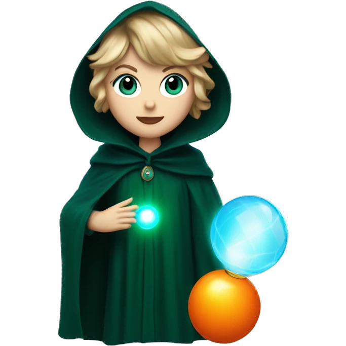 Taylor swift with blue eyes in dark green cloak holding an orange glowing orb emoji