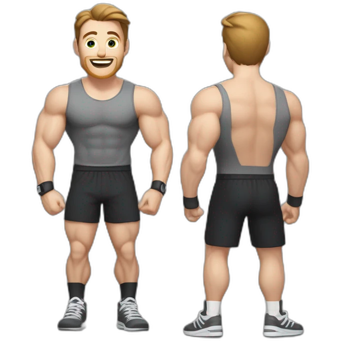 Close up Actively gesturing  with hands Pale skinned Fit Man With the biceps and brown hair in dark gray Sleeveless Mike, black oversize sports shorts, watch and white Sneakers emoji