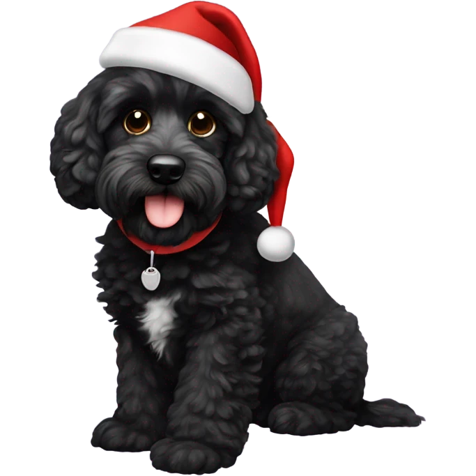 Black cockapoo called Theo, wearing a Santa hat emoji