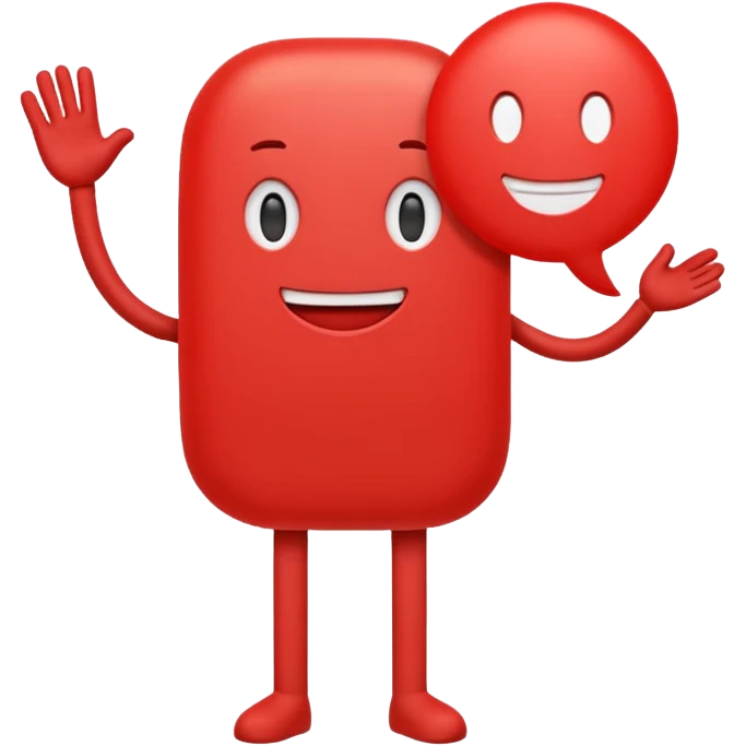 Minimal red emoji character shaped like a rounded speech bubble, with a soft face and two white lines inside symbolizing text. Small arms and legs, looks energetic and helpful. Represents short and clear communication. Flat emoji style on white background, clean and cheerful emoji