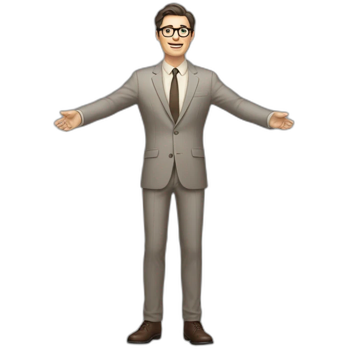 Full height Actively gesturing with hands Pale skinned fit man with dark brown hair in gray jacket, beige office shirt, brown tie, brown pants and vintage glasses. emoji