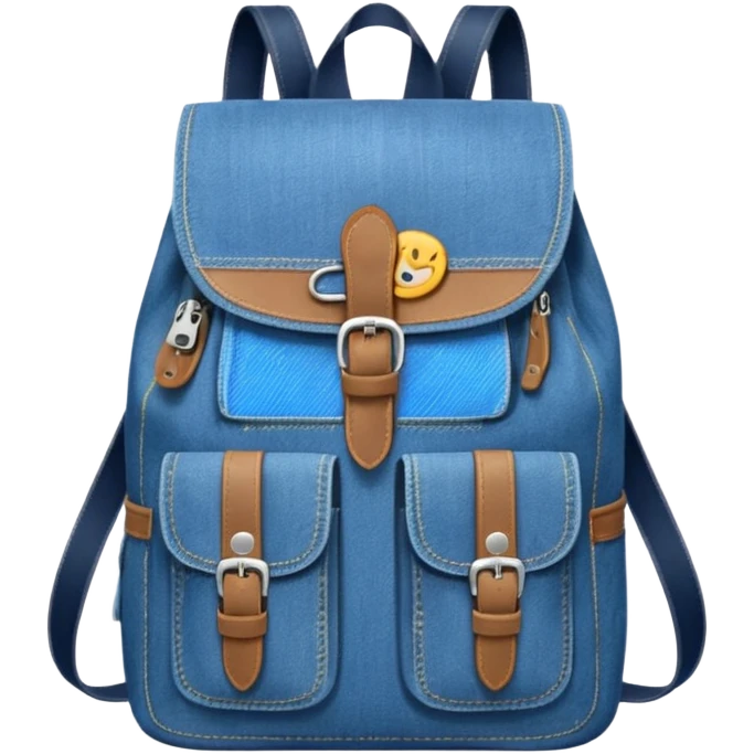 blue denim backpack with a flap top and one small buckle straps attached only on the flap, not connected to the front panel. No front pockets or vertical straps below the flap. Clean and minimal design with two side pockets. 



 emoji