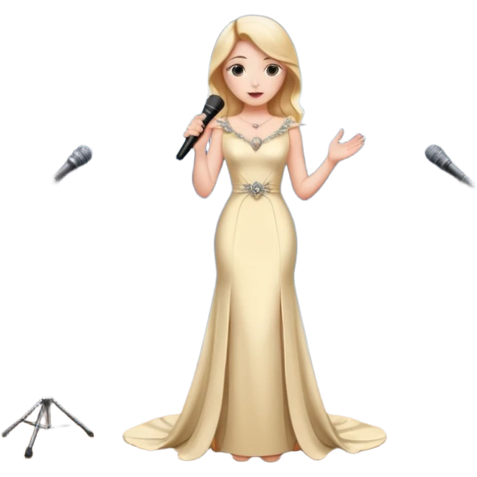 Девушка одета дорого, стоит на сцене. Рядом микрофон, свет софитов, камеры  emoji