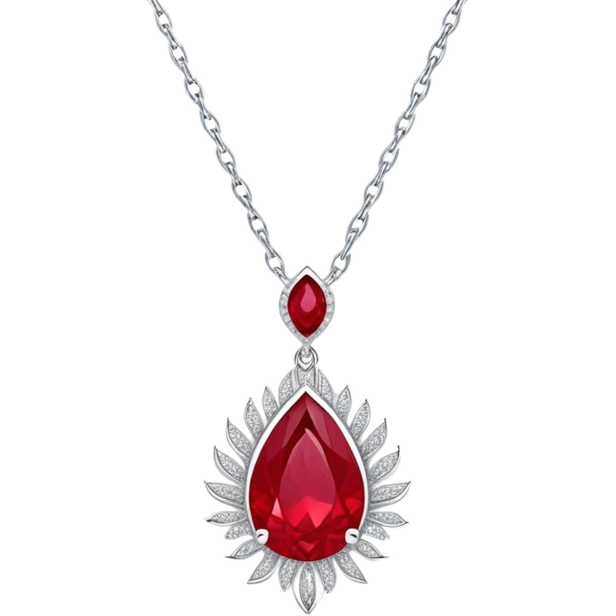conceptual and ethereal teardrop ruby pendant with fiery light, a tiny phoenix feather emerging, haloed by shimmering white stones, and a silver chain, symbolizing rebirth emoji