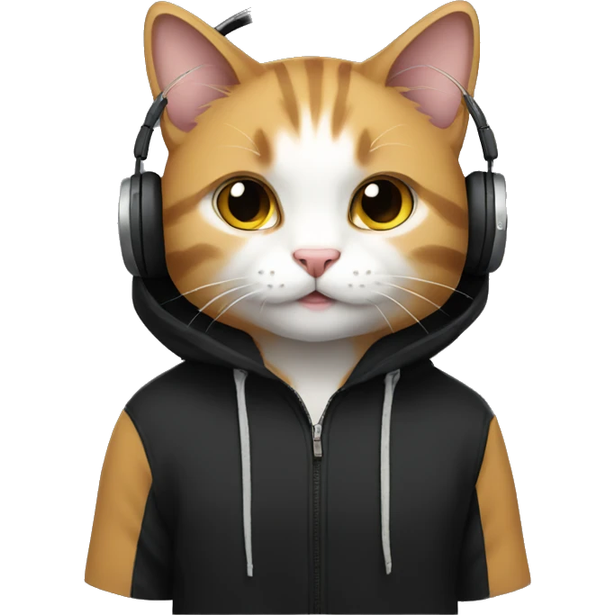 a cat wearing a black hoodie with wearing black headphones  emoji