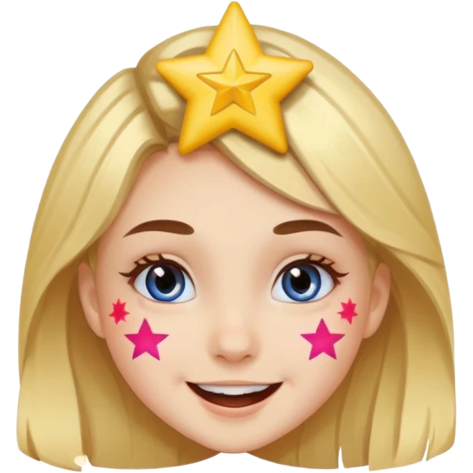 A girl with star-shaped cheek paint, cheering with bright eyes. emoji