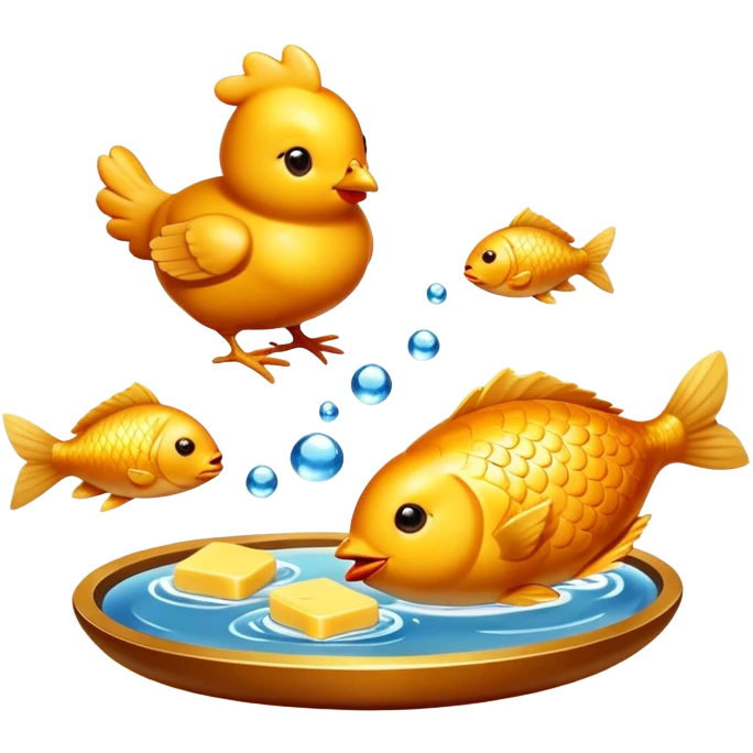 Golden chicken, butter, and fish floating with a warm glow representing their vitamin A content. The foods emit a pleasant amber light symbolizing their nutritional value for skin health and immunity. emoji