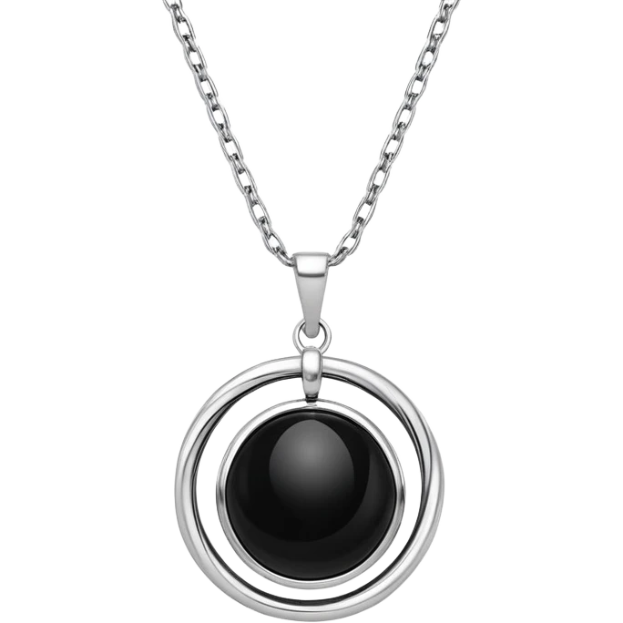 polished onyx pendant radiating a soft glow, silver chain dynamically twisting to represent resilience emoji