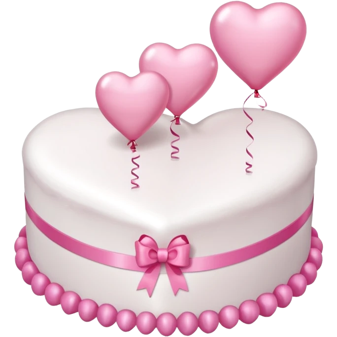 white heart shaped birthday cake with pink bow, pink balloons in background  emoji