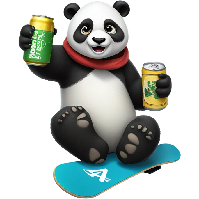 panda snowboarding with a beer can emoji