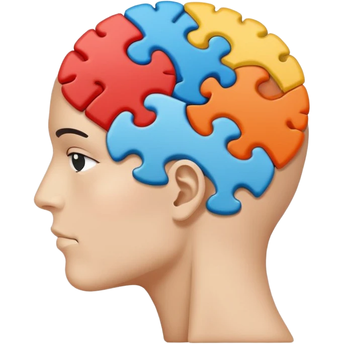 Minimalistic flat vector icon, iOS style, thin black contour on white background. Human head profile with a brain inside, split into puzzle pieces. No text, no shadows. emoji