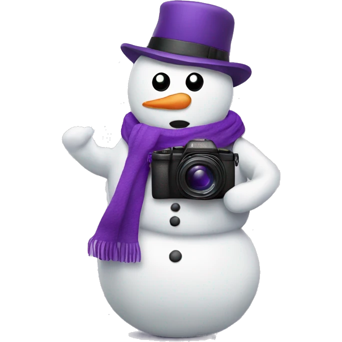snowman holding a camera with a purple hat emoji